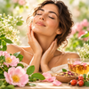 Donna in un momento di benessere naturale con fiori e tisana