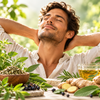 Uomo rilassato con erbe officinali e tisana naturale