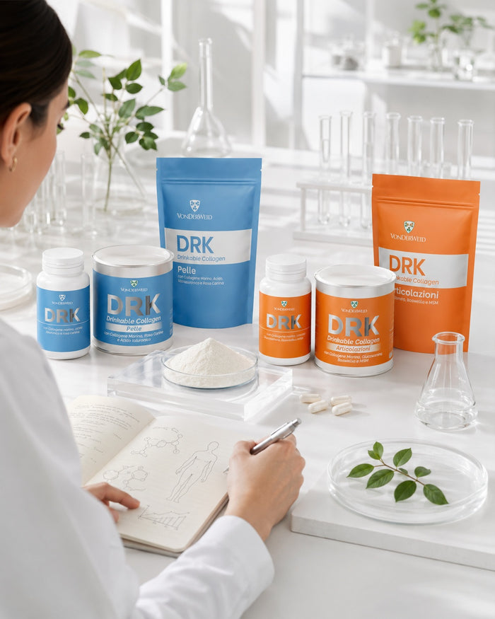 Ricercatrice analizza la linea DRK Collagene in diversi formati per sviluppare prodotti mirati
