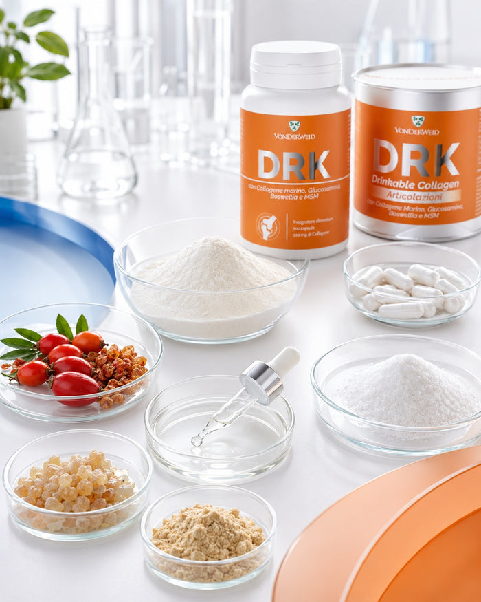 Collagene in polvere, capsule e attivi selezionati per le formulazioni DRK Pelle e Articolazioni