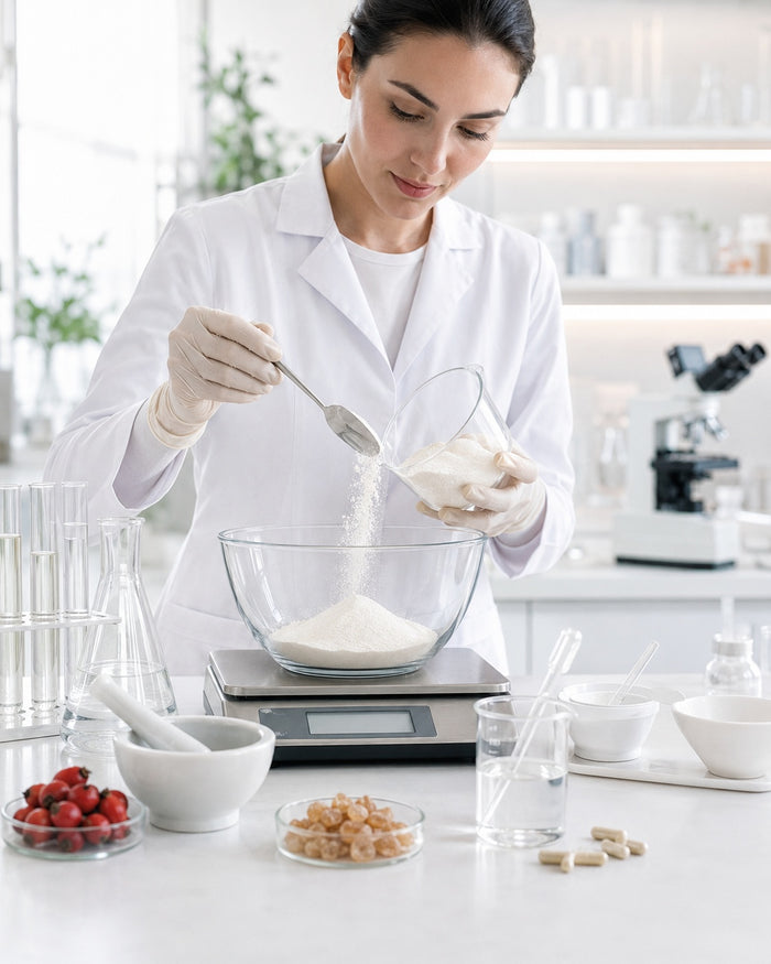 Tecnica di laboratorio pesa e miscela il collagene in polvere durante lo sviluppo della formula