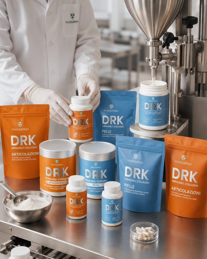 Produzione e confezionamento della linea DRK Collagene in capsule, barattoli e doypack 