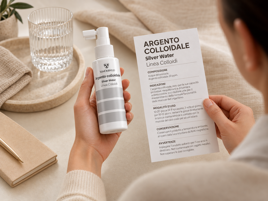 Argento colloidale Vonderweid con scheda informativa del prodotto