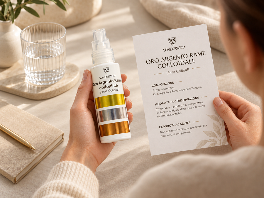 Mix colloidale oro, argento e rame Vonderweid con scheda informativa del prodotto