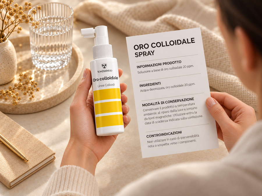 Oro colloidale Vonderweid con scheda informativa del prodotto