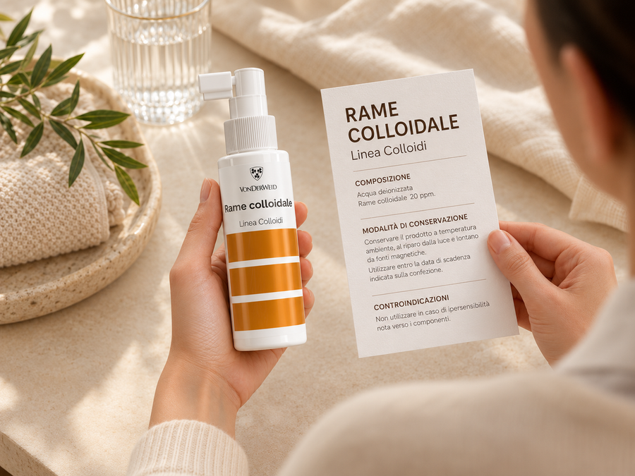 Rame colloidale Vonderweid con scheda informativa del prodotto